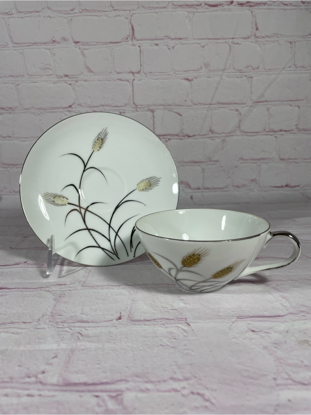 Vintage Norcrest Platinum and Silver Wheat GW-12 Bone China Teacup and Saucer